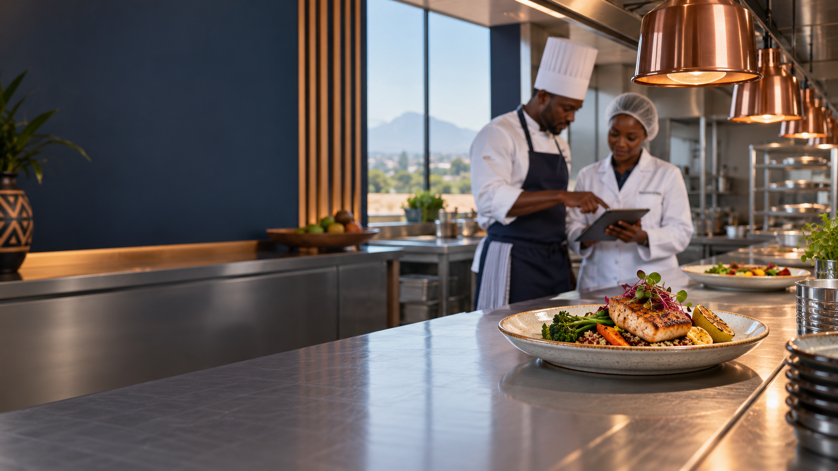A modern institutional kitchen where a chef and food-safety professional review operations